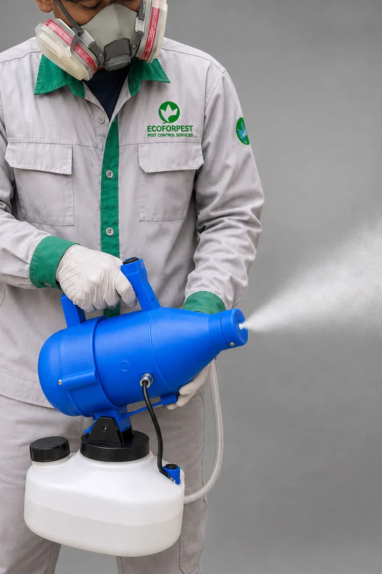 Petugas Ecoforpest mendemonstrasikan alat ULV cold fogger untuk layanan jasa fogging nyamuk Bali ramah lingkungan.