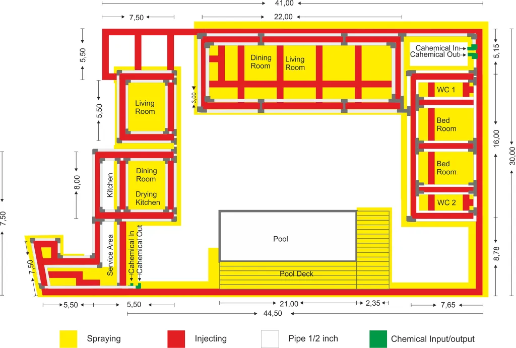 Layout jaringan pipa retikulasi anti rayap pada denah bangunan