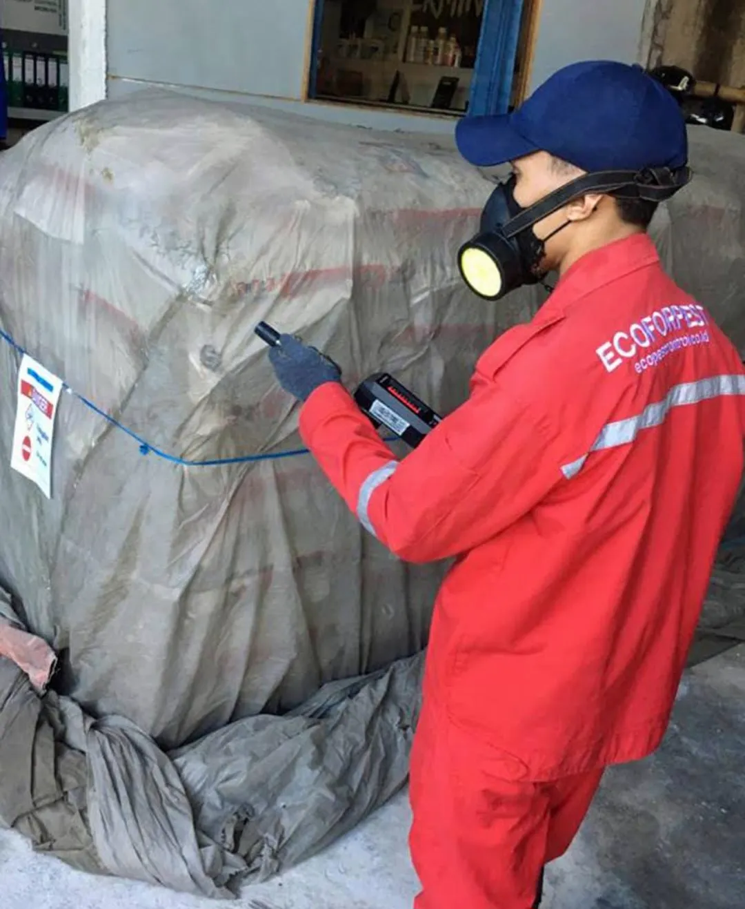 Proses kontrol jasa fumigasi oleh teknisi ecoforpest