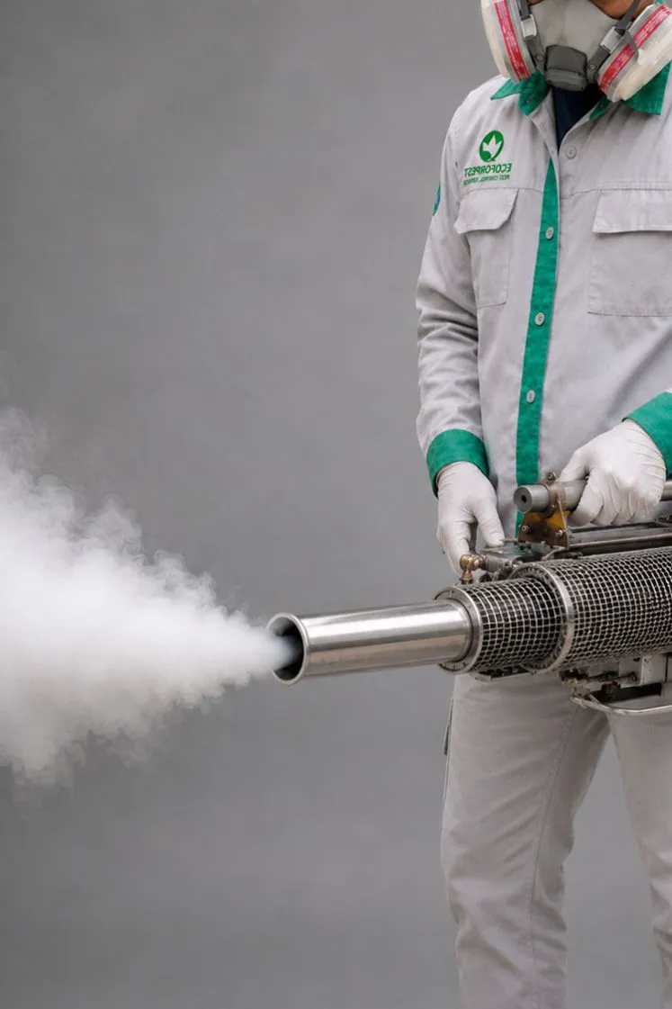 Teknisi jasa fogging nyamuk Bali Ecoforpest melakukan uji coba semprotan asap mesin fogger.