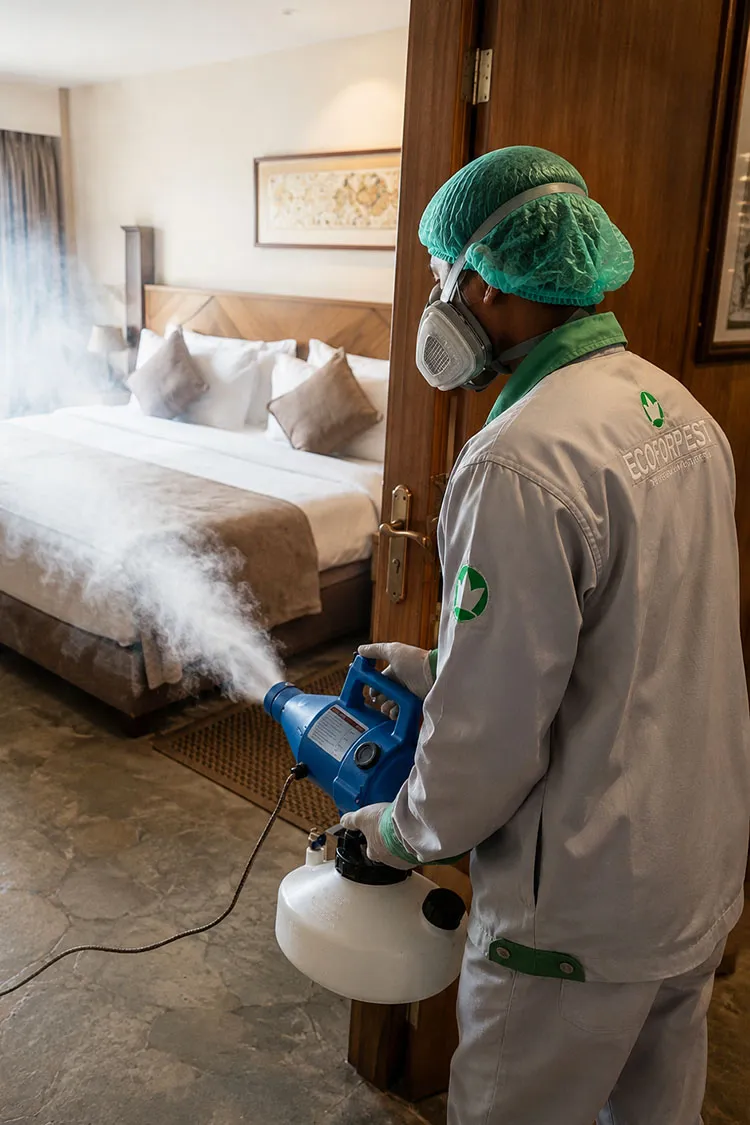 Teknisi ecoforpest sedang melakukan penyemprotan dengan cold fogger sebagai standar layanan pest control komersial di bali