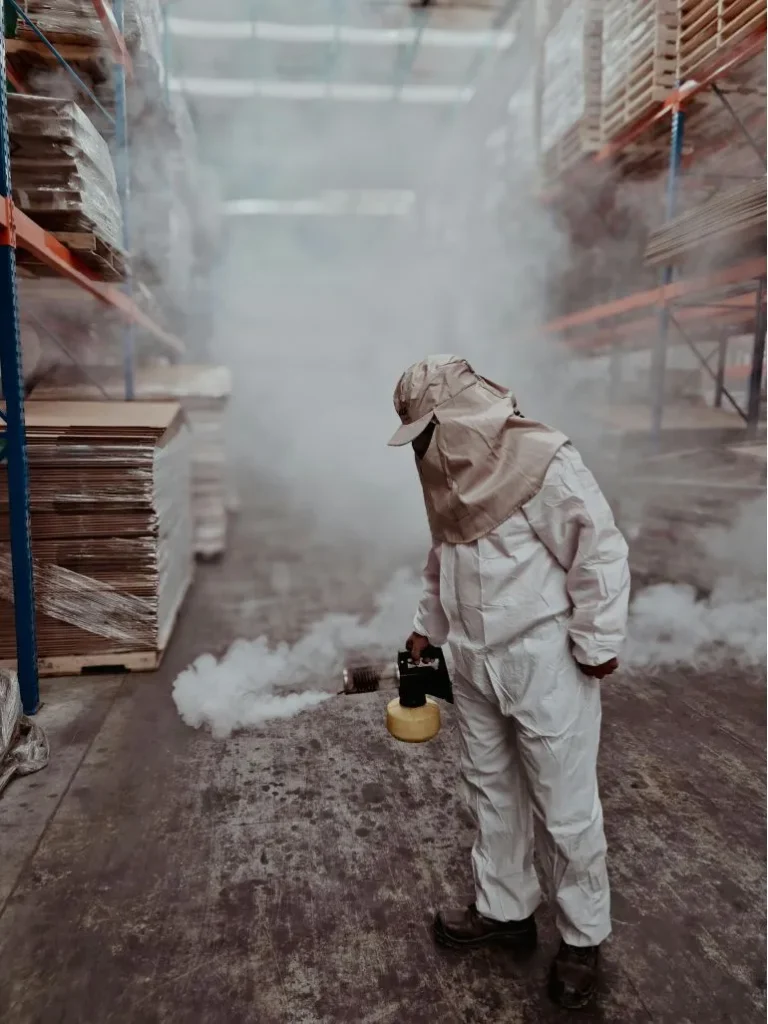 Petugas fumigasi profesional sedang melakukan treatment dengan alat keselamatan