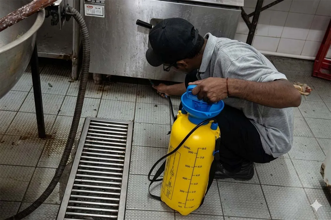 Teknisi pest control dari ecoforpest sedang menyemprotkan pestisida ramah lingkungan untuk membasmi kecoa
