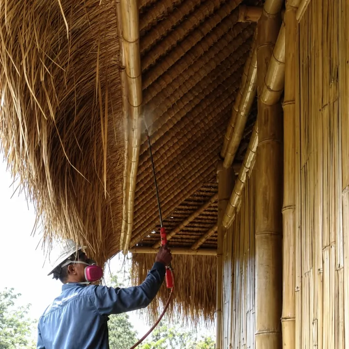 Perlakuan kayu atau bambu dapat juga dilakukan dengan penyemprotan untuk mencegah serangan rayap kayu kering.